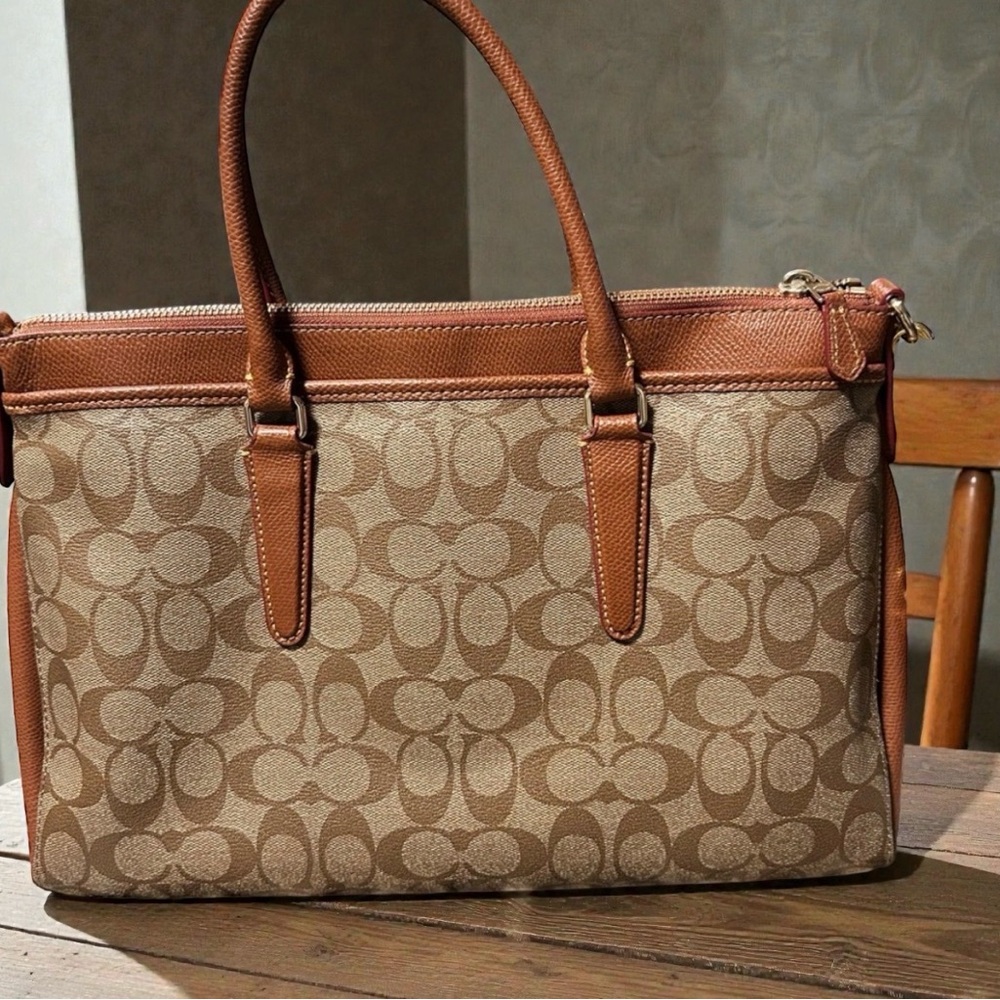 Coach❤️Signature Morgan in Khaki & Saddle Color Canvas & Leather Satchel - Picture 3 of 13
